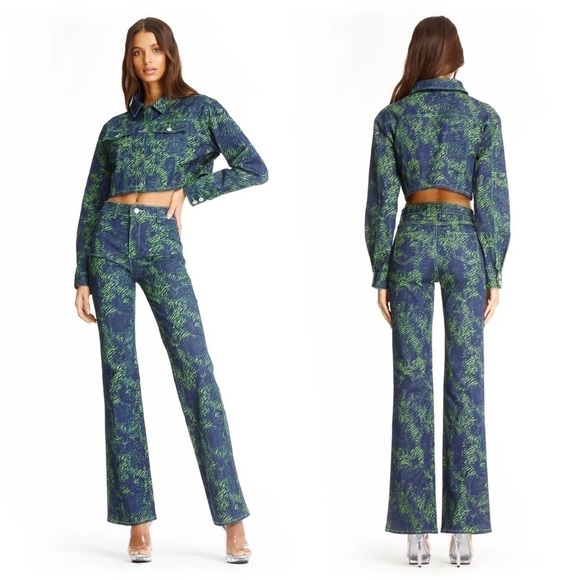 I.AM.GIA Pant Tali Denim Flare Animal Print High-Rise Green Tiger XS EUC - Picture 4 of 11